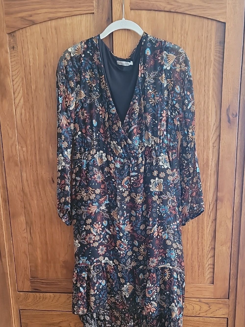 Floral Silk V-Neck Tiered Women's Dress - Black Multi